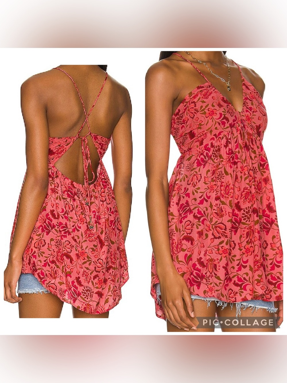 FREE PEOPLE Women’s Pink Floral Strappy PIXI PRINTED TUNIC Flowy Top Size Med